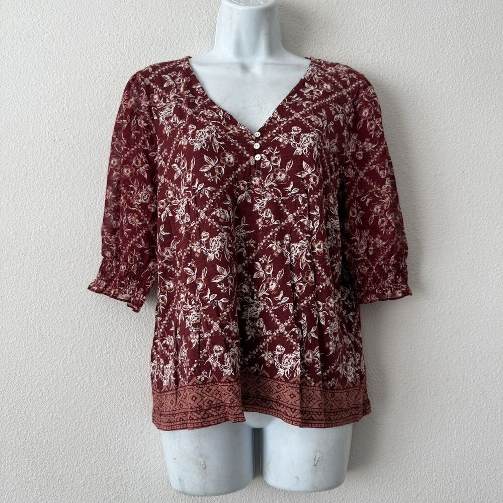 Lucky Brand Burgundy Floral Peasant Blouse Boho Cottagecore Border Print Top M